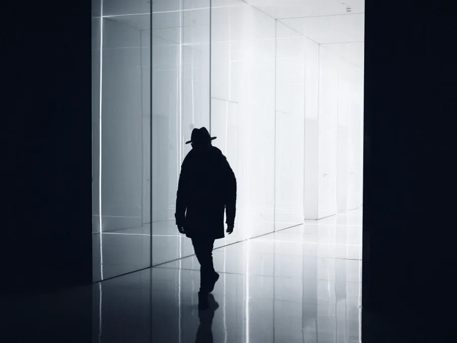 A single figure entering a secured corridor